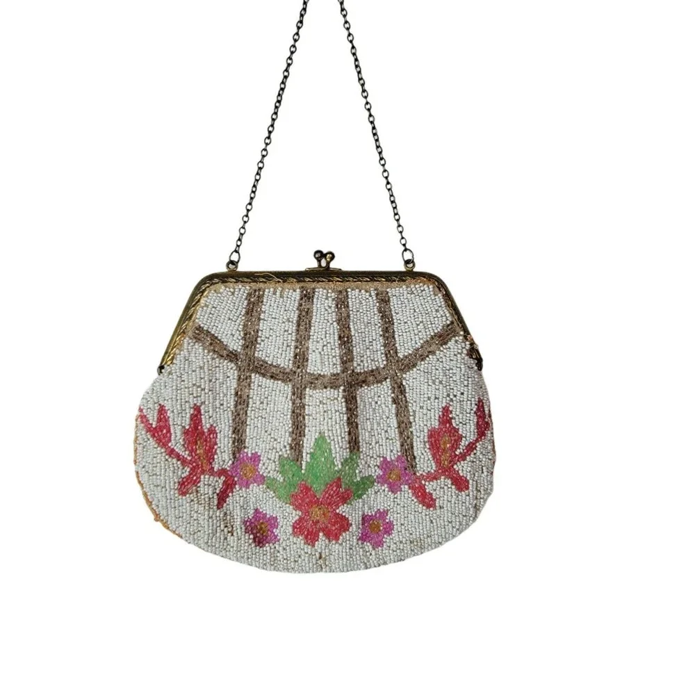 Vintage/Antique Micro Beaded Handbag With Chain Floral Rose Design‎